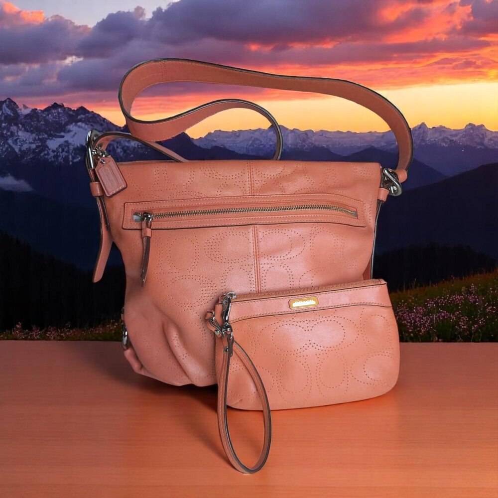 COACH Perforated Signature Bag in coral pink and wristlet set